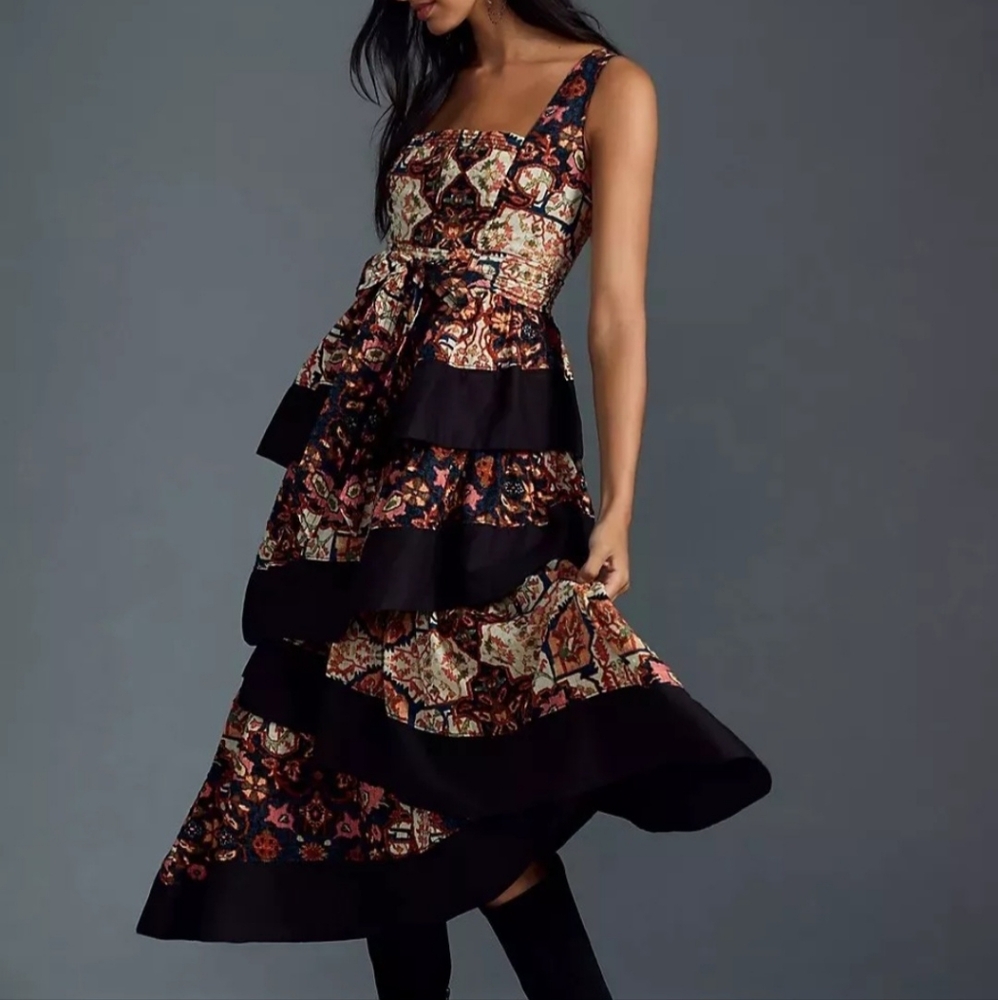 Anthropologie Black and Multicolor Midi Dress